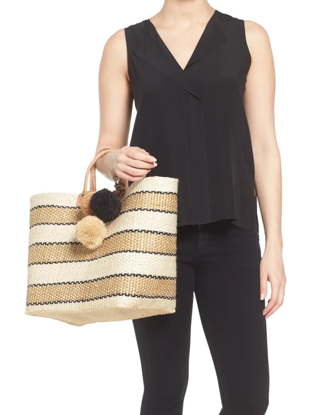 New Mar y Sol Capri Woven Straw Shoulder beach Bag tote with Leather Handles - Picture 2 of 4